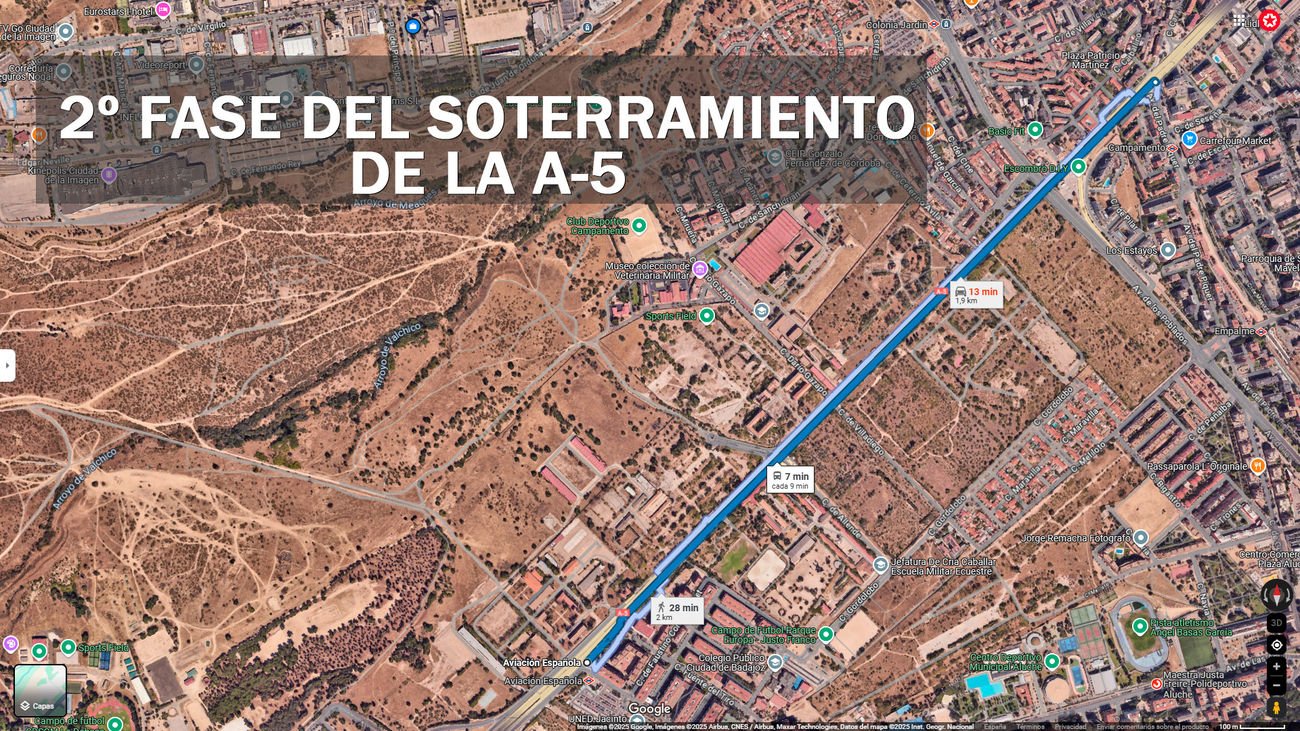 Tramo que abarcará la segunda fase del soterramiento de la A-5, desde la avenida de la Aviación hasta la avenida de Padre Piquer